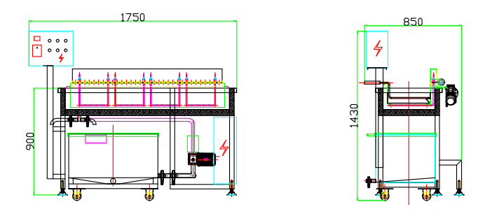 Shish kabob fryer YZ-CC450-1500 layout drawing showing 1750 mm length, 850 mm width, 1430 mm height, and 900 mm working height